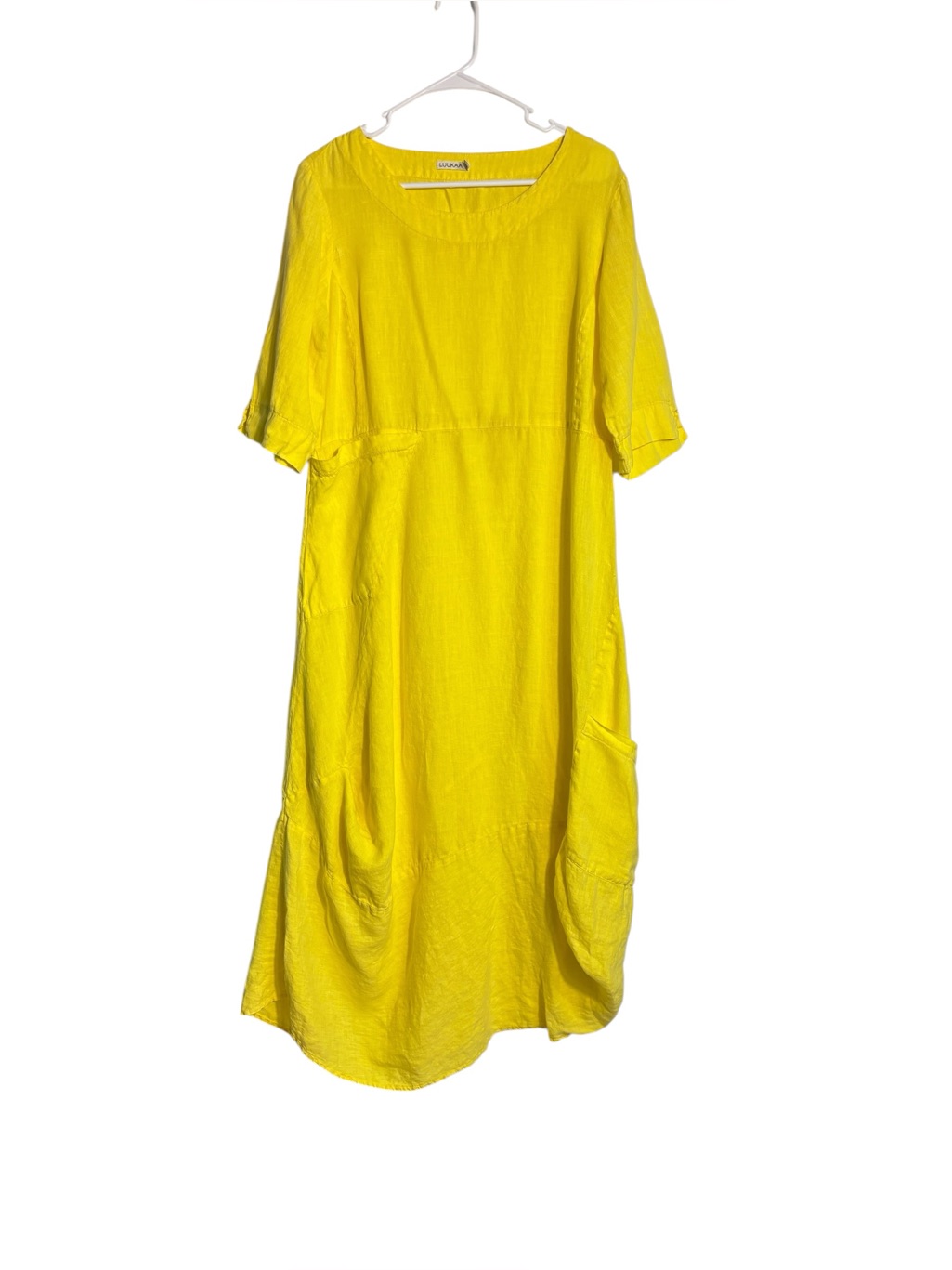 Luukaa Yellow Linen Balloon Pocket Midi Dress Lagenlook Art To Wear Size 12